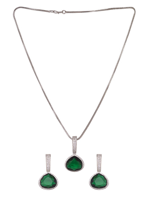 Silver Toned Green AD studdeed Elegant Pendant Earrings Locket Jewellery Set