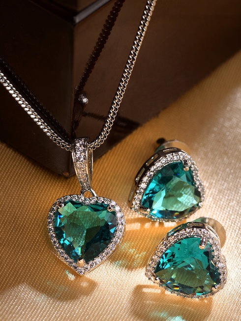 Silver Palted Blue AD Studded Heart Shaped Pendant Earrings Locket Jewellery Set