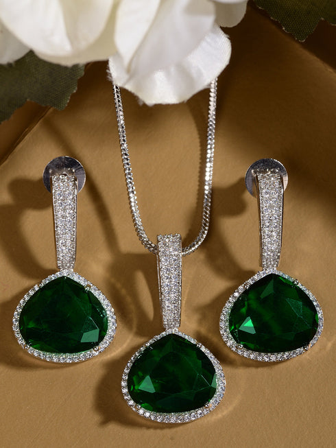 Silver Toned Green AD studdeed Elegant Pendant Earrings Locket Jewellery Set