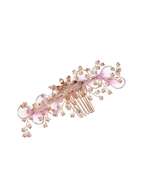 Gold Toned Pink Flower Embellished Bridal Hair Accessory
