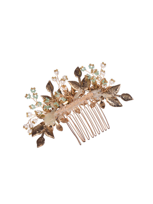 Green Gold Toned Enamelled Pearl Embellished Comb Pin
