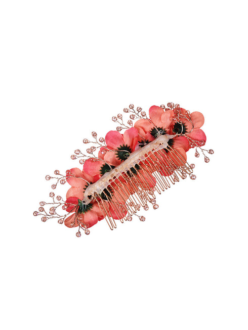 Peach Flowers Pearls & Crystal Embellished Bridal Hair Tiara