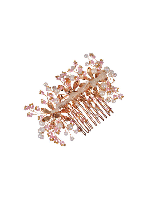Gold toned Pink Enamelled Flower Tiara Comb Pin