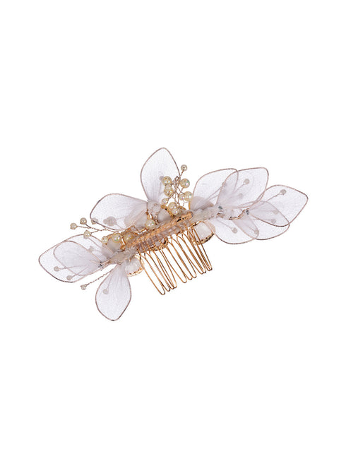 White Gold Toned Enamelled Pearl Beaded Bridal Comb Pin