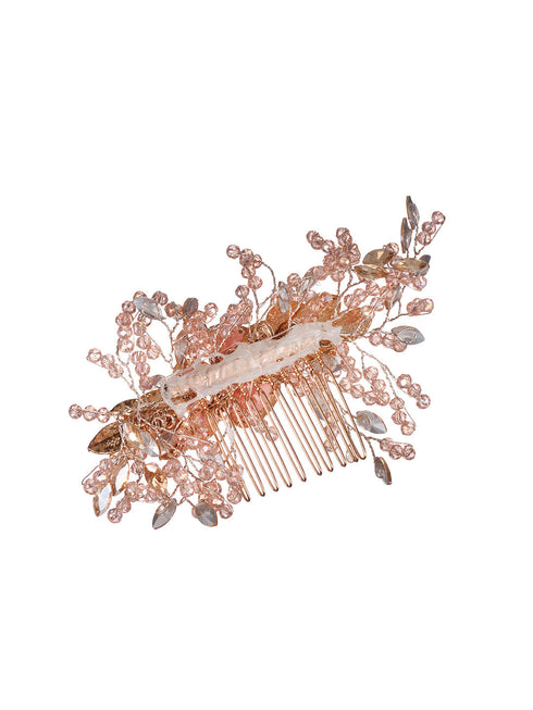 Pink Gold Toned Pearl Beaded & Embellished Bridal Comb Pin