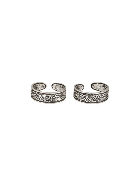 925 Sterling Silver Oxidised Flower Design Adjustable Pair Of Toe Ring