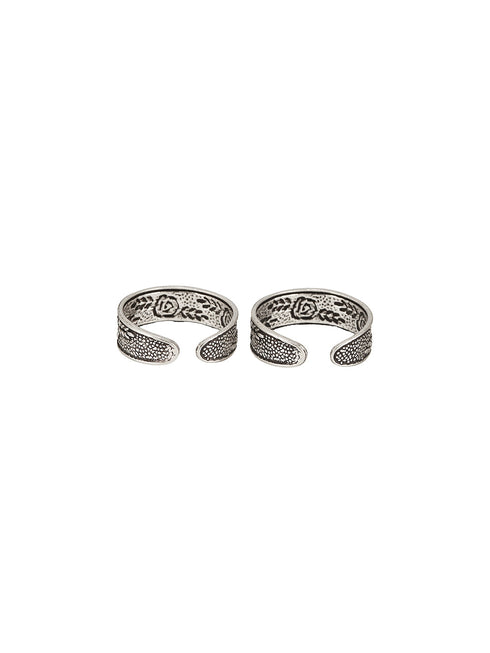 925 Sterling Silver Oxidised Flower Design Adjustable Pair Of Toe Ring