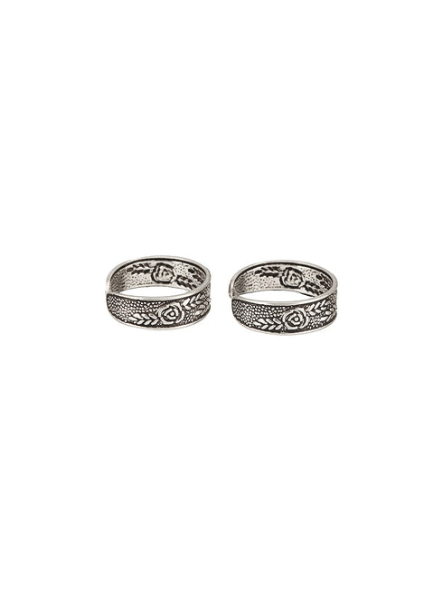 925 Sterling Silver Oxidised Flower Design Adjustable Pair Of Toe Ring