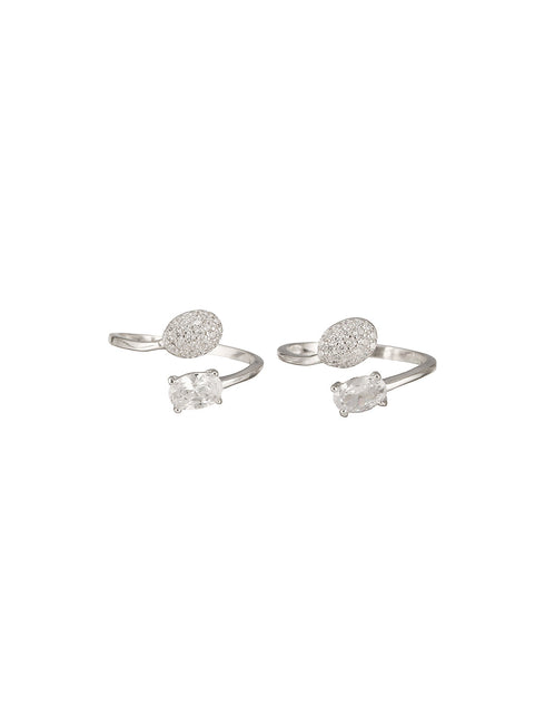 925 Sterling Silver Zircon Studded Rhodium Plated Oval Contemporary Pair of Toe Ring