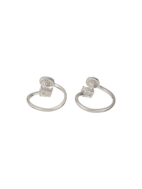 925 Sterling Silver Zircon Studded Rhodium Plated Oval Contemporary Pair of Toe Ring
