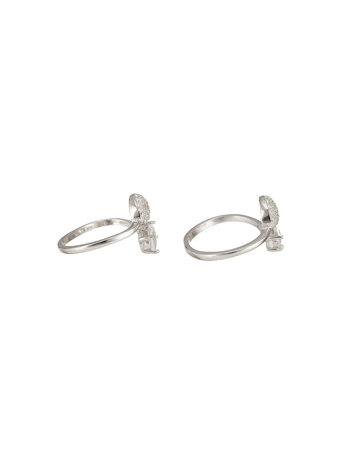 925 Sterling Silver Zircon Studded Rhodium Plated Oval Contemporary Pair of Toe Ring
