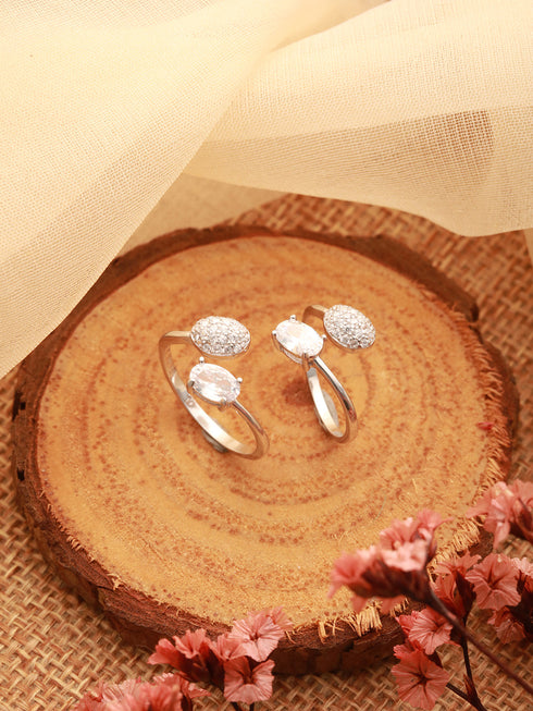 925 Sterling Silver Zircon Studded Rhodium Plated Oval Contemporary Pair of Toe Ring