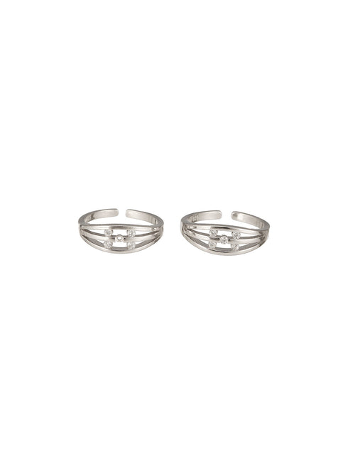 925 Sterling Silver Rhodium Plated Zircon Studded Symetric Contemporary Adjustable Pair of Toe Ring