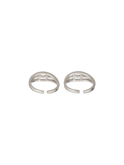 925 Sterling Silver Rhodium Plated Zircon Studded Symetric Contemporary Adjustable Pair of Toe Ring