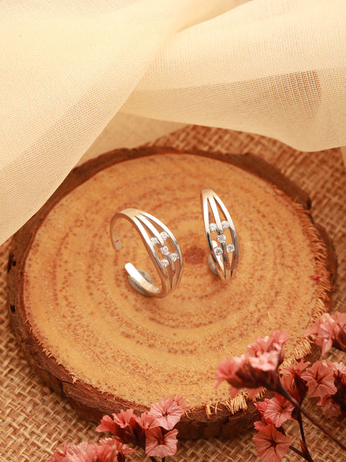 925 Sterling Silver Rhodium Plated Zircon Studded Symetric Contemporary Adjustable Pair of Toe Ring