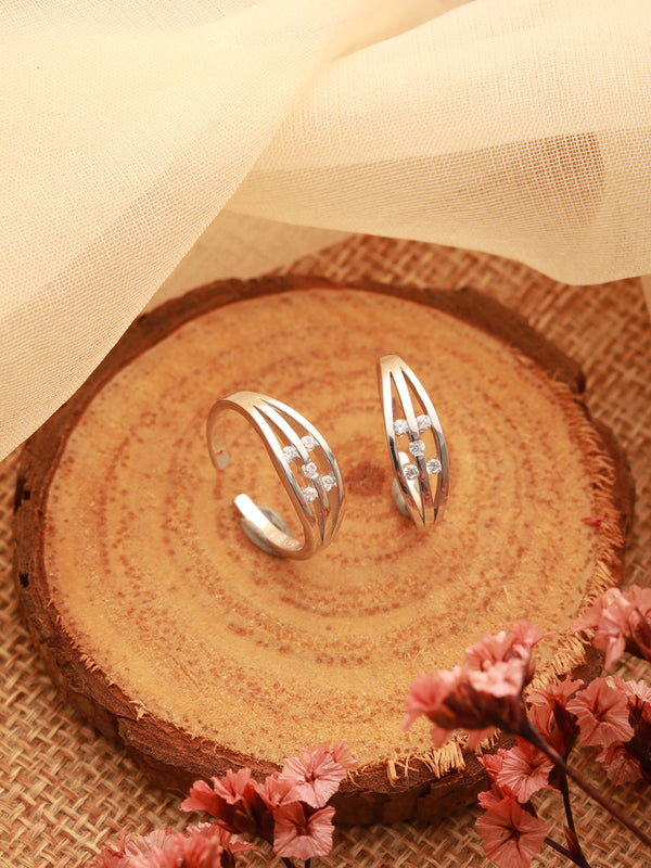 925 Sterling Silver Rhodium Plated Zircon Studded Symetric Contemporary Adjustable Pair of Toe Ring