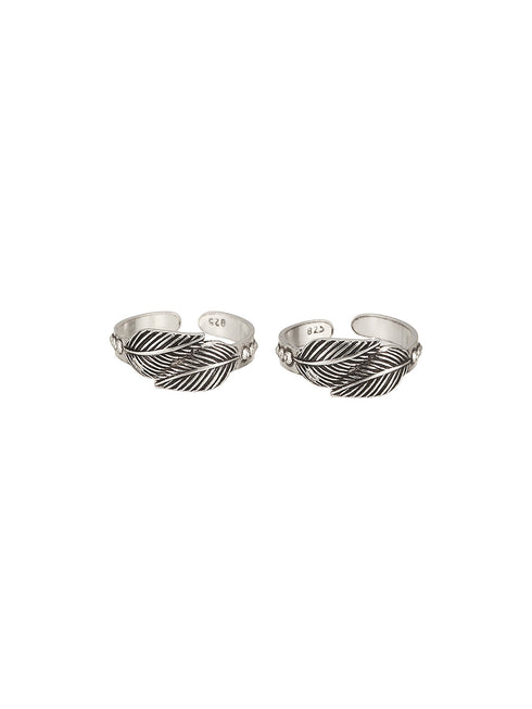 925 Sterling Silver Oxidised Dual Leaf Minima Adjustable Pair Of Toe Ring