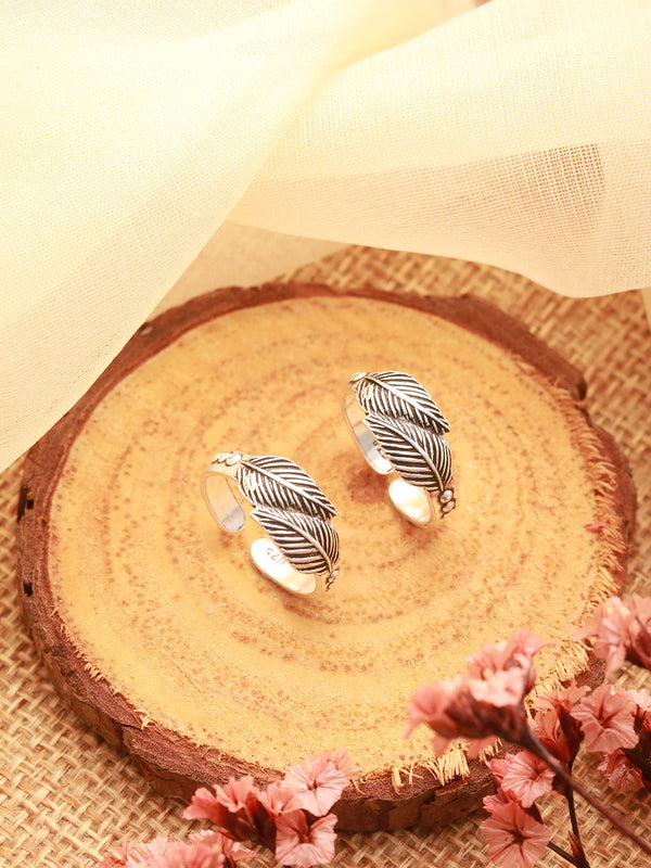 925 Sterling Silver Oxidised Dual Leaf Minima Adjustable Pair Of Toe Ring