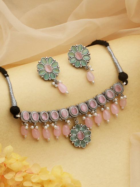 Oxidised Green Stone Studded & Pink Pearl beaded Pendant Jewellery Set