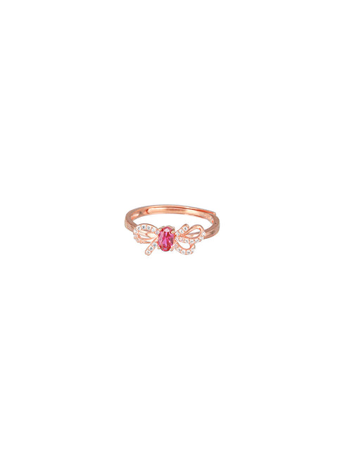 925 Sterling Silver Red Ruby Studded Rose gold Plated Cherry Bow Adjustable Finger Ring