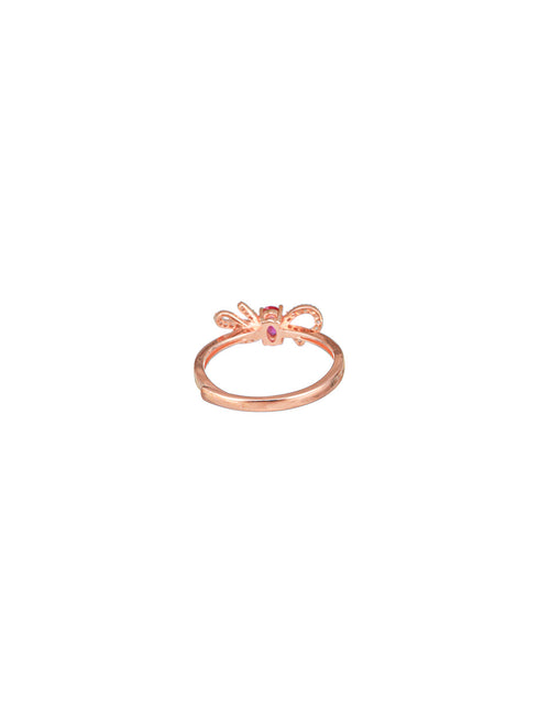 925 Sterling Silver Red Ruby Studded Rose gold Plated Cherry Bow Adjustable Finger Ring