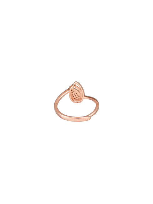 925 Sterling Silver Rose Gold Plated AD Studded Leaf Shaped Proposal Adjustable Finger Ring