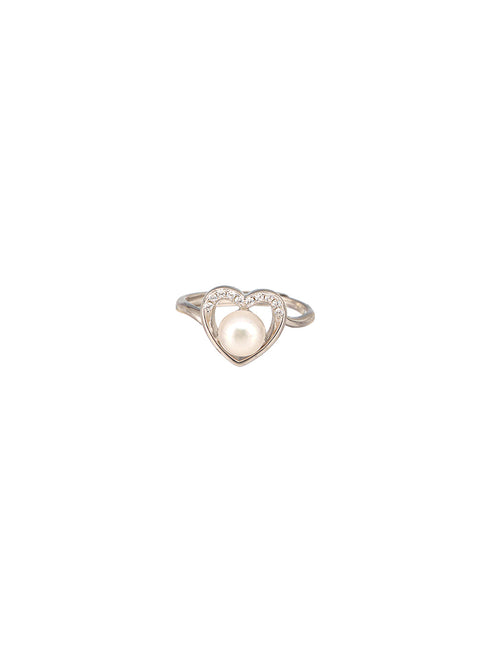 925 Silver Round Faux Pearl AD Studded Heart Shaped Proposal Finger Ring