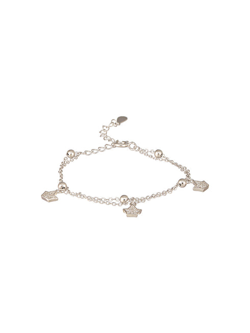 925 Sterling Silver Rhodium Plated AD Studded Sparkling Crown Link Charms Bracelet