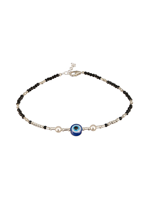 925 Sterling Silver Black Beads Beaded Delicate Minimal Charm Anklet