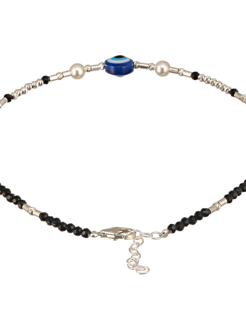 925 Sterling Silver Black Beads Beaded Delicate Minimal Charm Anklet
