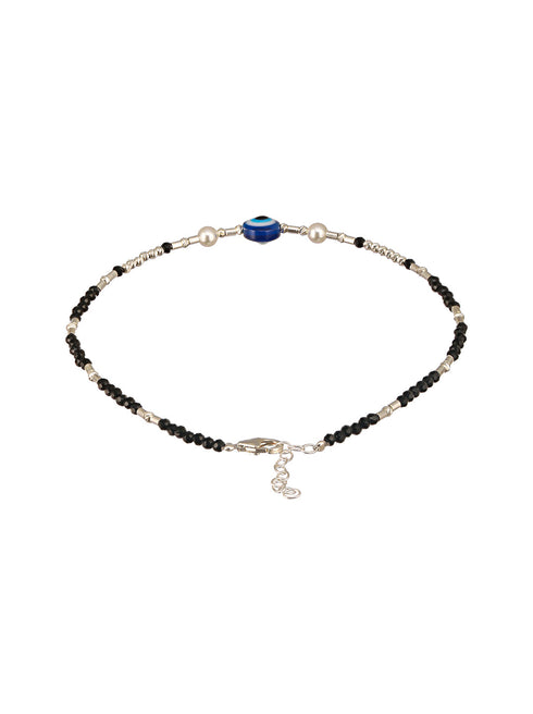 925 Sterling Silver Black Beads Beaded Delicate Minimal Charm Anklet