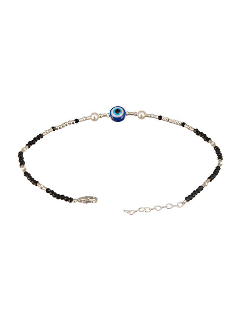 925 Sterling Silver Black Beads Beaded Delicate Minimal Charm Anklet