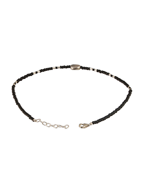 925 Sterling Silver Black Beads Leaf Charms Payal Anklet