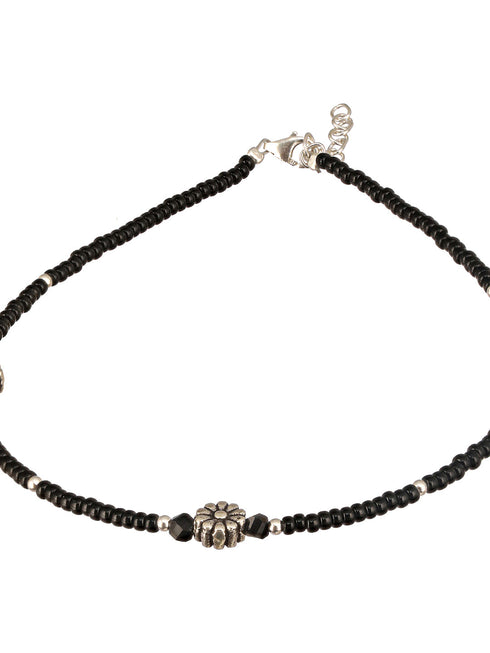 925 Sterling Silver Oxidised Charms Black Beads Flower Minimal Dailywear Anklet