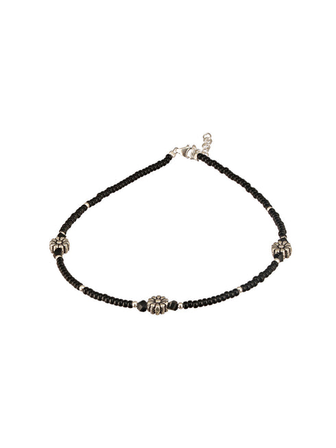 925 Sterling Silver Oxidised Charms Black Beads Flower Minimal Dailywear Anklet