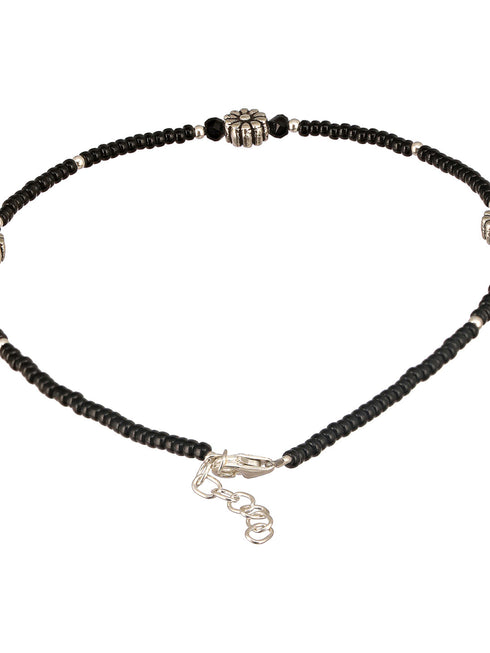 925 Sterling Silver Oxidised Charms Black Beads Flower Minimal Dailywear Anklet