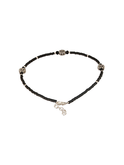 925 Sterling Silver Oxidised Charms Black Beads Flower Minimal Dailywear Anklet