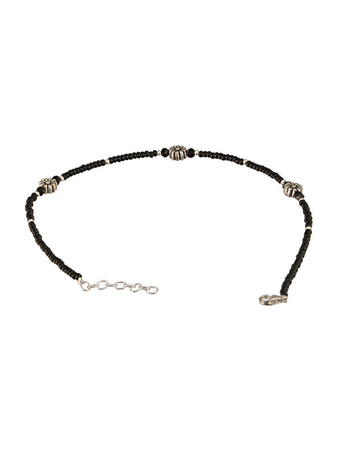 925 Sterling Silver Oxidised Charms Black Beads Flower Minimal Dailywear Anklet