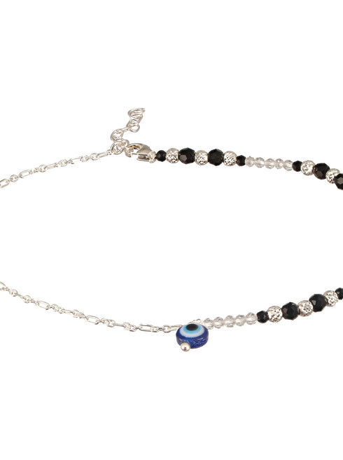 925 Sterling Silver Black Beads Trendy Minimal Evil Eye Charm Anklet