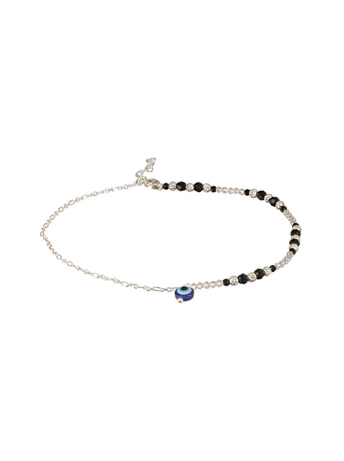 925 Sterling Silver Black Beads Trendy Minimal Evil Eye Charm Anklet