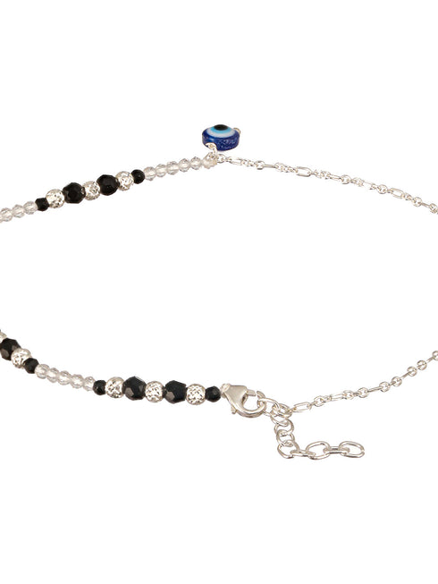 925 Sterling Silver Black Beads Trendy Minimal Evil Eye Charm Anklet