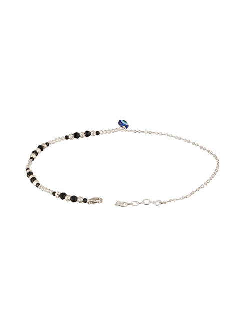 925 Sterling Silver Black Beads Trendy Minimal Evil Eye Charm Anklet