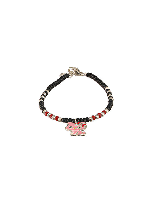 925 Sterling Silver Black Beads Hello Kitty Charms Adjustable Bracelet
