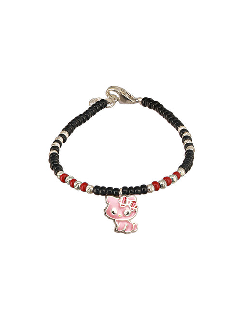 925 Sterling Silver Black Beads Hello Kitty Charms Adjustable Bracelet